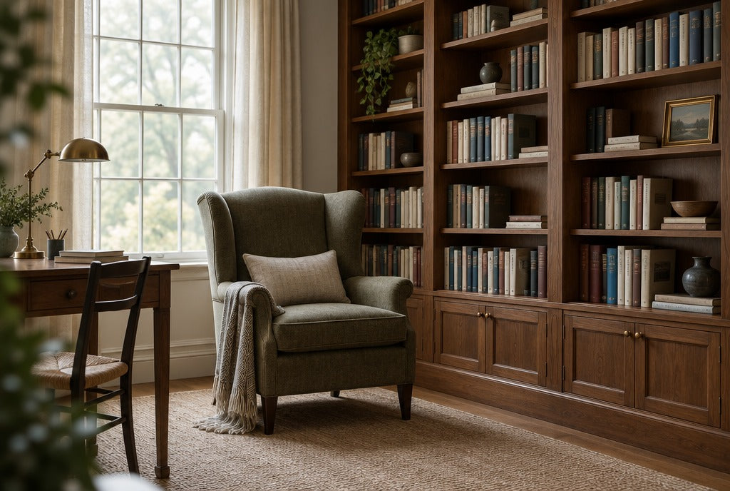 A home library with tall solid wood bookcases, a wingback chair, a small desk and a brass lamp