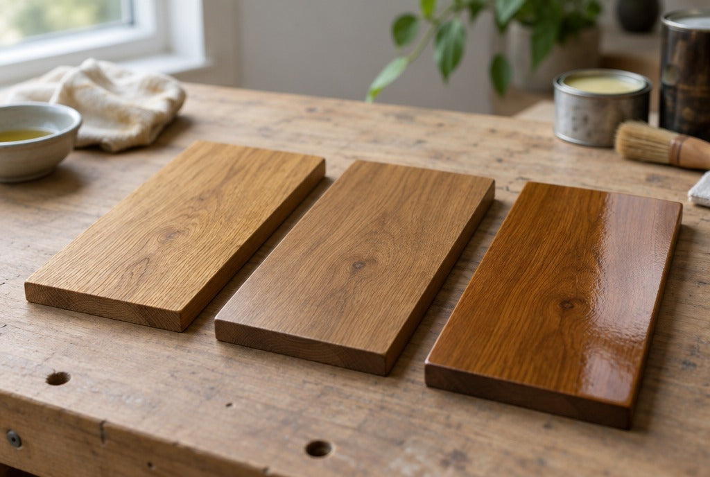 Three solid wood sample boards with oil, wax and lacquer finishes on a workbench in soft light
