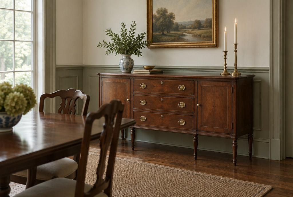 A colonial-style dining room with a vintage-inspired solid wood sideboard, brass candlesticks and painted wainscoting