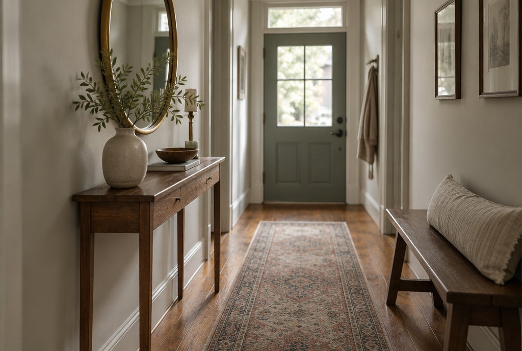 A narrow front hall in an old house with a slim solid wood console, a round mirror, a bench and a runner rug