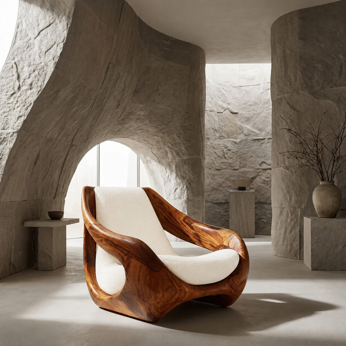 Sculptural Natural Wood Accent Chair