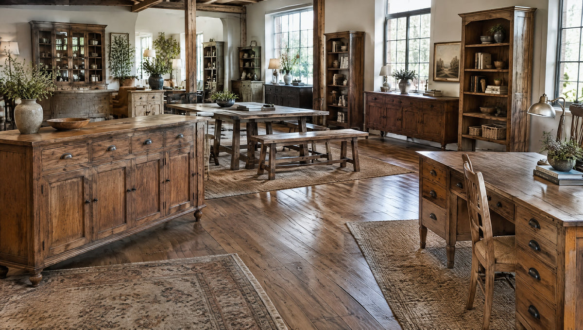 A country furniture showroom with newly built vintage-inspired solid wood pieces