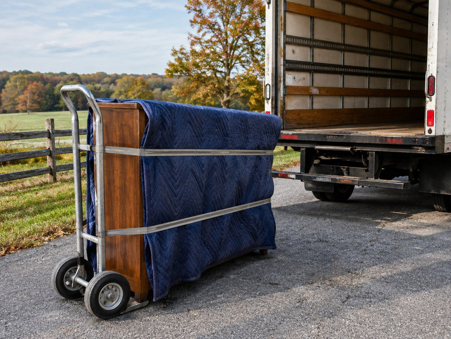 A blanket-wrapped solid wood sideboard beside a delivery truck